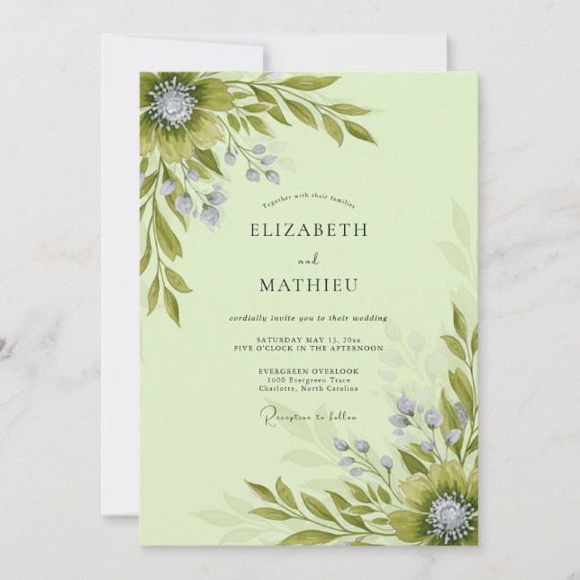Invitación Boda Botánica Floreciente Verde Salvia (Anverso)