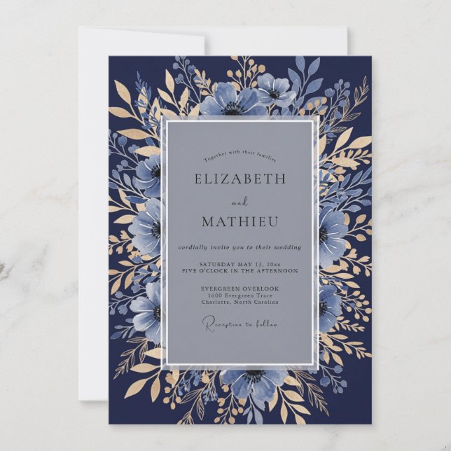 Invitación Boda Botánica Formal Azul Marino (Anverso)