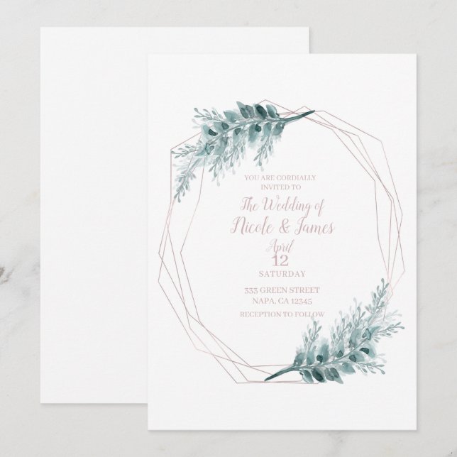 Invitación Boda Botánica Geométrica con Glamour de Oro Rosa (Anverso / Reverso)