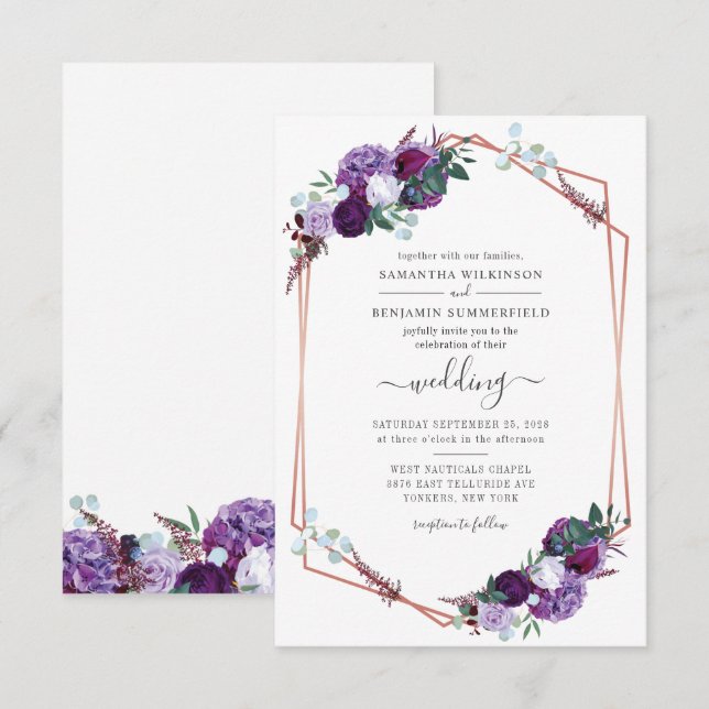 Invitación Boda Botánica Geométrica Morada Moderna (Anverso / Reverso)