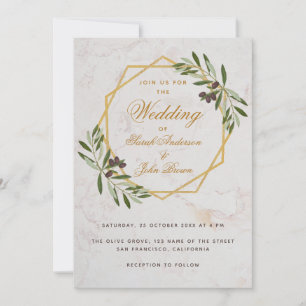 Invitación Boda Botánica Geométrica Verde Oliva Dorado