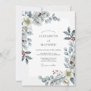 Invitación Boda Botánica Glacial de Azul Polvoriento de Invie