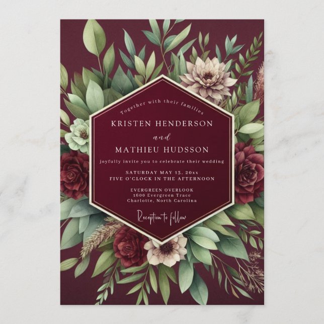 Invitación Boda Botánica Granate de Lujo (Anverso)
