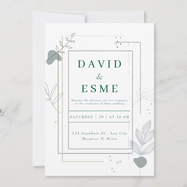 Invitación Boda Botánica Gris Abstracta Minimalista (Anverso)
