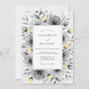 Invitación Boda Botánica Gris Carbón Amarillo Pulido