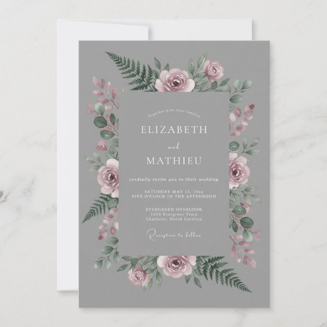 Invitación Boda Botánica Gris Rosa Polvorienta (Anverso)