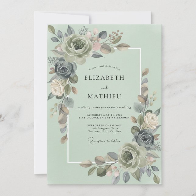 Invitación Boda Botánica Gris Sage (Anverso)