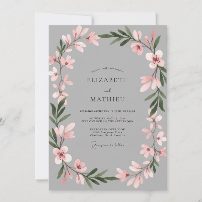 Invitación Boda Botánica Gris Suave Rosa (Anverso)