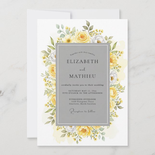 Invitación Boda Botánica Halcyon Gris Amarillo (Anverso)