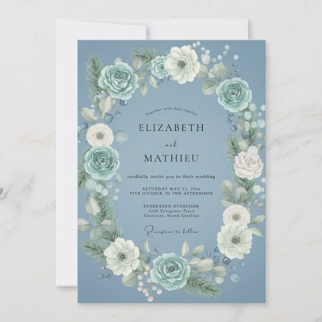 Invitación Boda Botánica Helada Azul Polvoriento (Anverso)