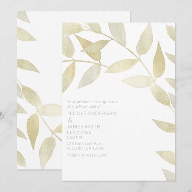 Invitación Boda Botánica Hojas Doradas Rústicas Modernas (Anverso / Reverso)
