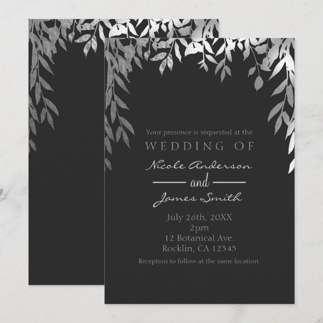 Invitación Boda Botánica Hojas Glam Modernas Plata y Gris (Anverso / Reverso)