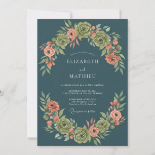 Invitación Boda Botánica Imperial Azul Pavo Real