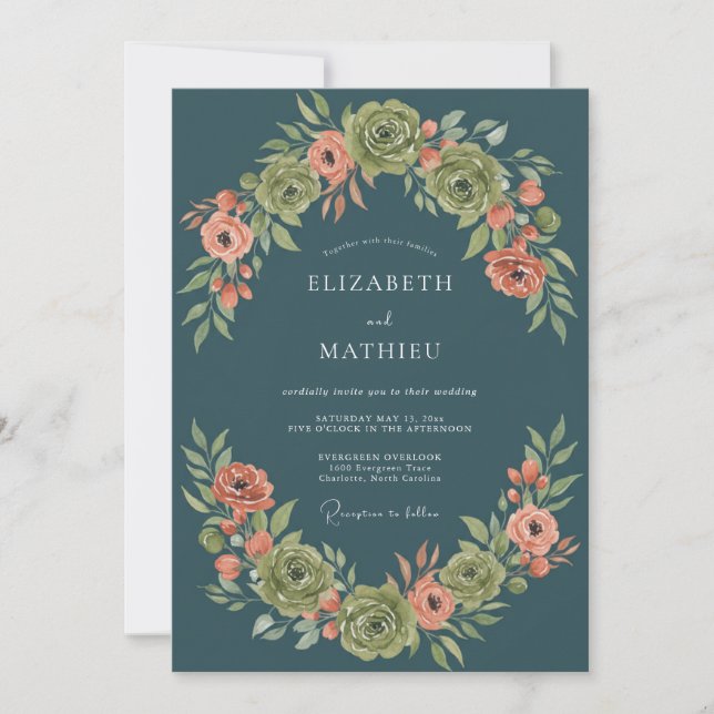 Invitación Boda Botánica Imperial Azul Pavo Real (Anverso)