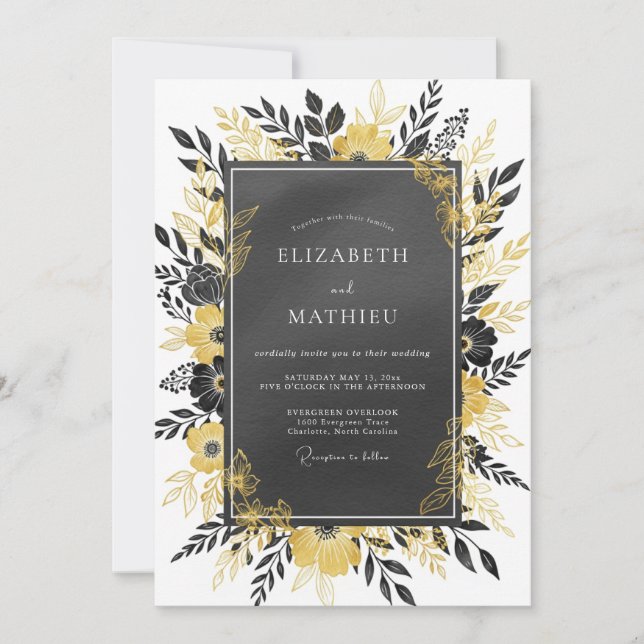 Invitación Boda Botánica Imperial Carbón Dorado (Anverso)