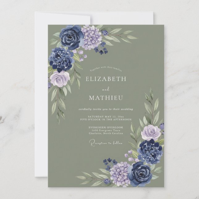 Invitación Boda Botánica Índigo Salvia (Anverso)