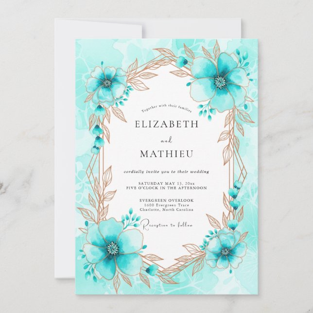 Invitación Boda Botánica Invernal Turquesa Caprichosa (Anverso)