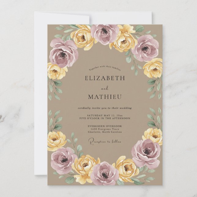 Invitación Boda Botánica Laurel Amarillo Malva (Anverso)