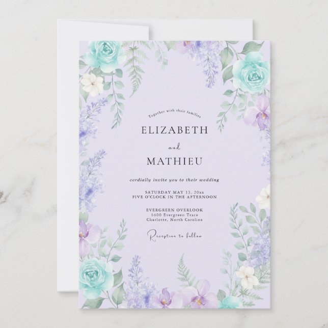 Invitación Boda Botánica Lavanda Turquesa (Anverso)