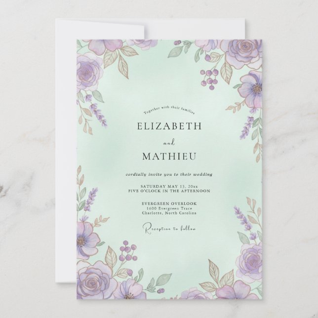 Invitación Boda Botánica Ligera de Lavanda y Menta (Anverso)