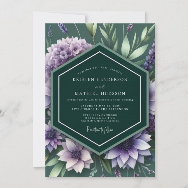 Invitación Boda Botánica Lila Esmeralda (Anverso)