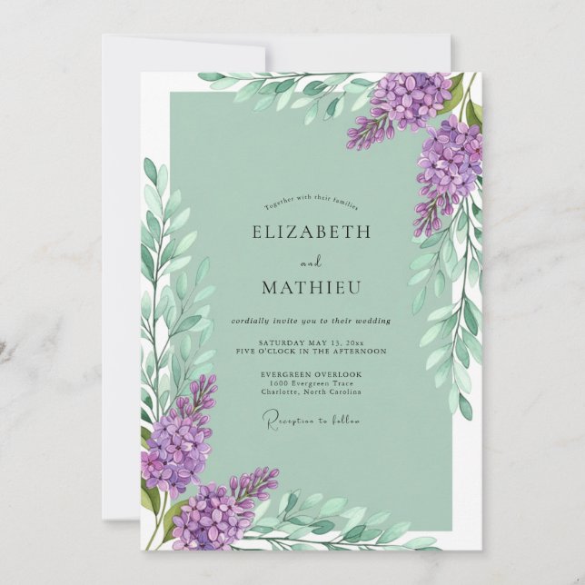 Invitación Boda Botánica Lila Flor de Menta (Anverso)