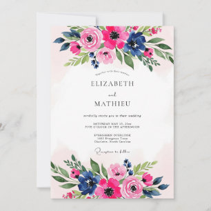 Invitación Boda Botánica Lujosa Azul Marino Rosa