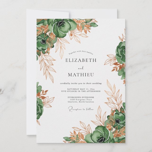 Invitación Boda Botánica Lujosa Verde Forestal (Anverso)