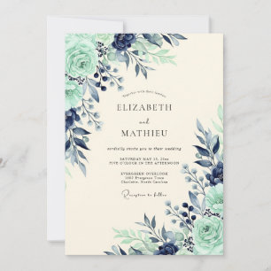 Invitación Boda Botánica Lujuriosa en Verde Menta y Azul Mari