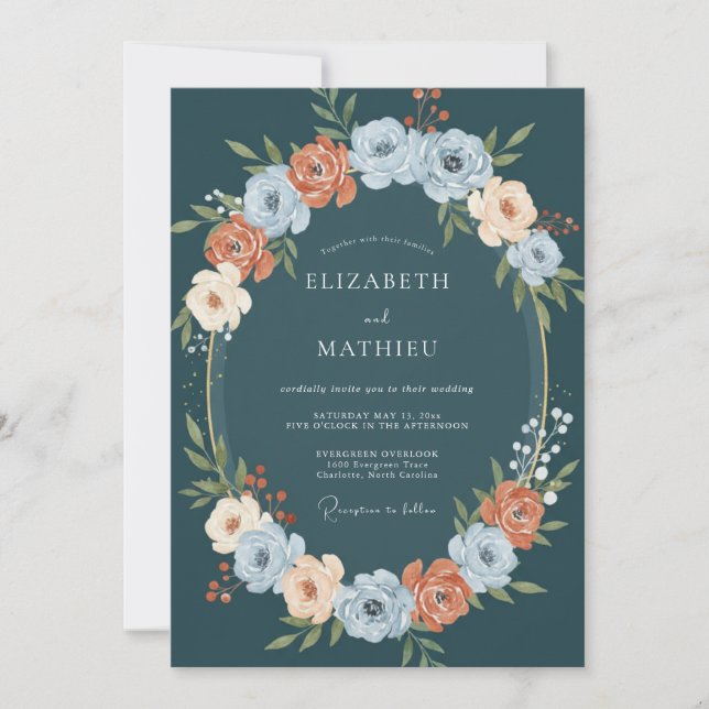 Invitación Boda Botánica Lujuriosa Verde Azul (Anverso)