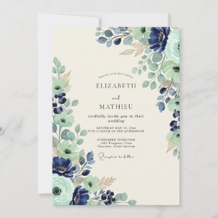Invitación Boda Botánica Luminosa Navy Seafoam