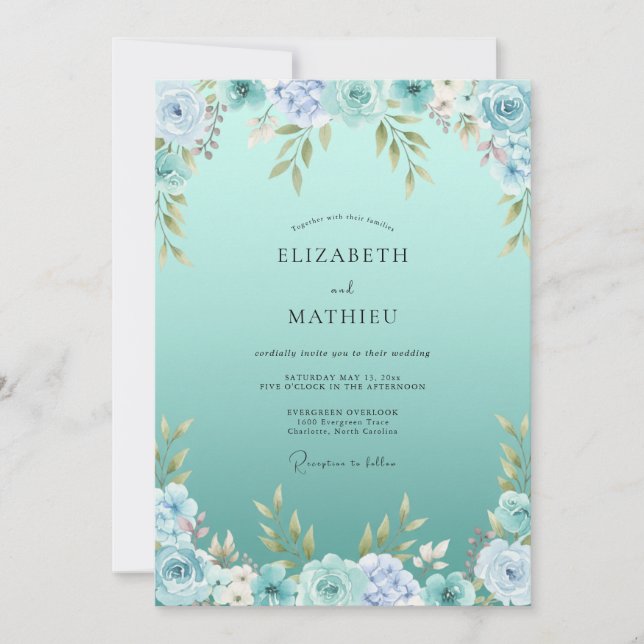 Invitación Boda Botánica Luminosa Turquesa (Anverso)