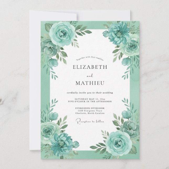 Invitación Boda Botánica Luminosa Verde Espuma de Mar (Anverso)