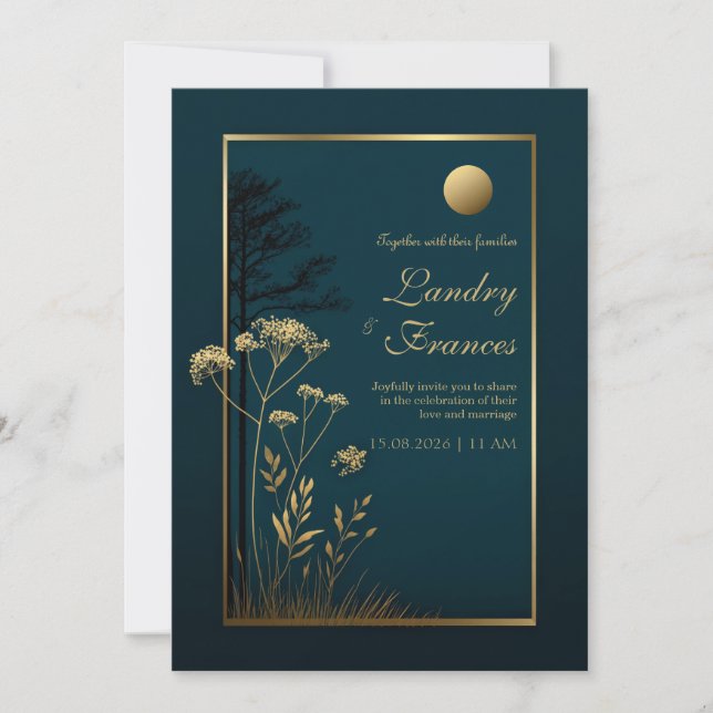 Invitación Boda Botánica Luna de Medianoche Dorada (Anverso)