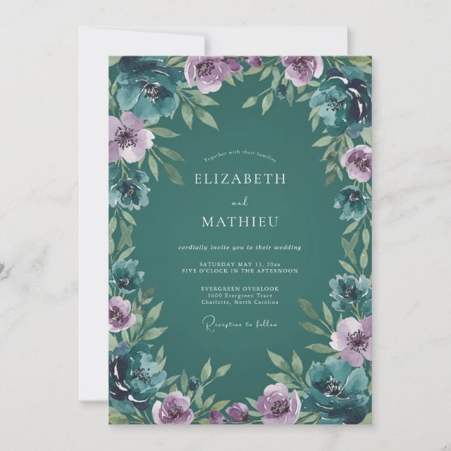 Invitación Boda Botánica Lustrosa de Azul Teal Profundo (Anverso)