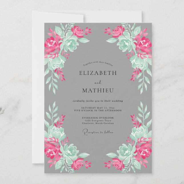 Invitación Boda Botánica Magenta Mint (Anverso)