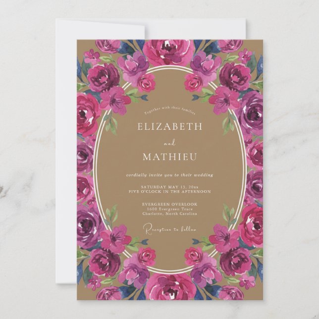 Invitación Boda Botánica Magenta Púrpura (Anverso)