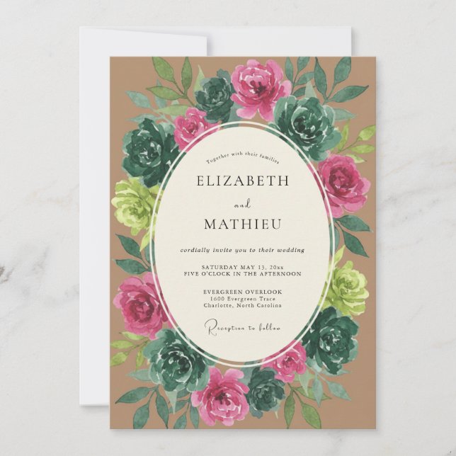 Invitación Boda Botánica Magenta Verde Azulado (Anverso)