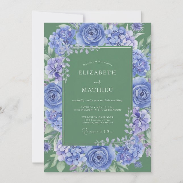 Invitación Boda Botánica Majestuosa Azul de Aciano (Anverso)