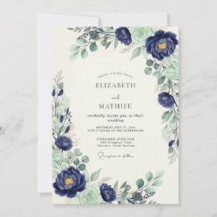 Invitación Boda Botánica Majestuosa Azul Marino