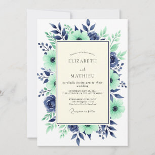 Invitación Boda Botánica Majestuosa Azul Marino Teal