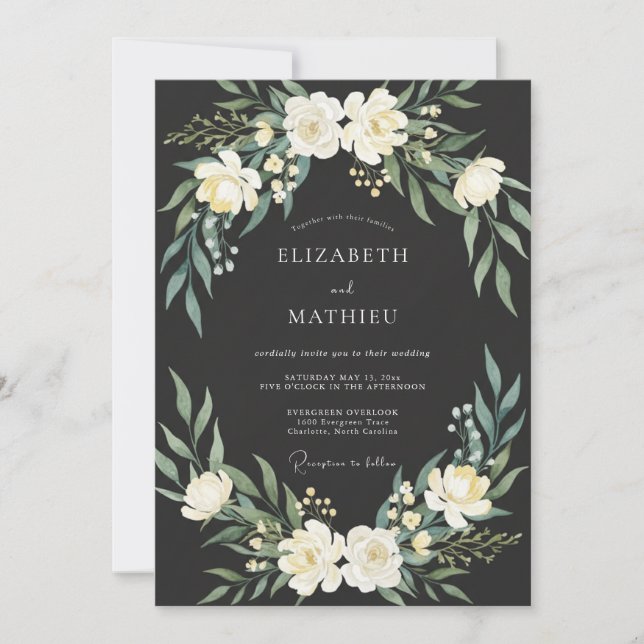 Invitación Boda Botánica Majestuosa con Carbón (Anverso)