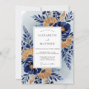Invitación Boda Botánica Majestuosa de Azul Marino