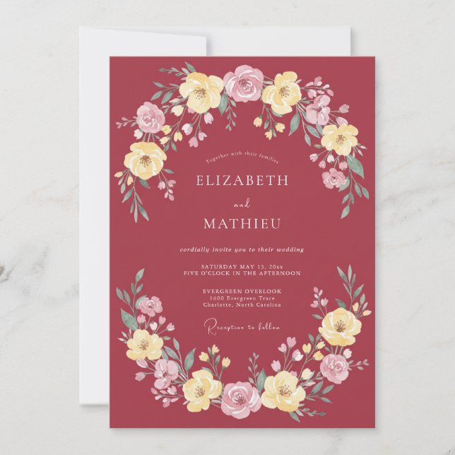 Invitación Boda Botánica Majestuosa Granate (Anverso)