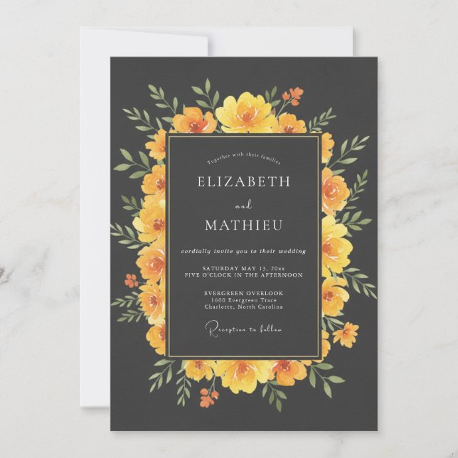 Invitación Boda Botánica Marigold Negrita (Anverso)
