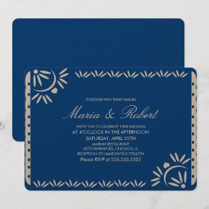 Invitación Boda Botánica Mexicana Papel Picado Azul
