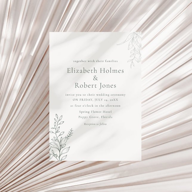 Invitación Boda Botánica Mínima Verde Salvia (Minimal Sage Green Botanical Wedding Invitation on a neutral dry palm leaf.)