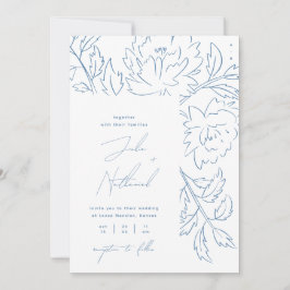 Invitación Boda Botánica Minimalista Azul Polvoriento