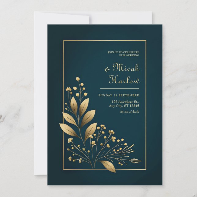 Invitación Boda Botánica Minimalista de Azul Marino y Dorado (Anverso)