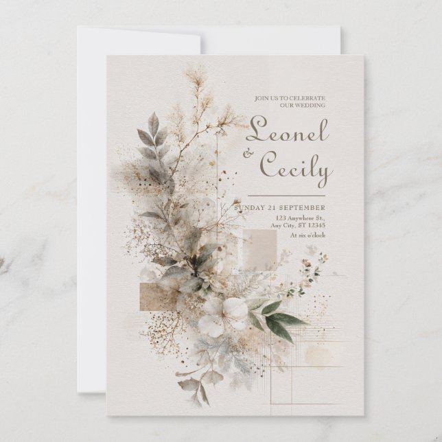 Invitación Boda Botánica Minimalista de Color Beige Etéreo Bl (Anverso)